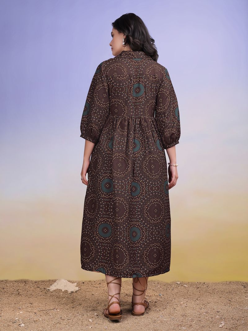 Women's Brown Fit & Flared Shirt Collar Dress