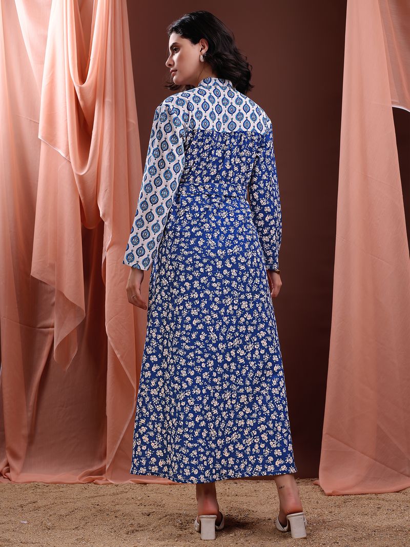 Women's Blue A-Line Bell Sleeve Cotton Blend Dress