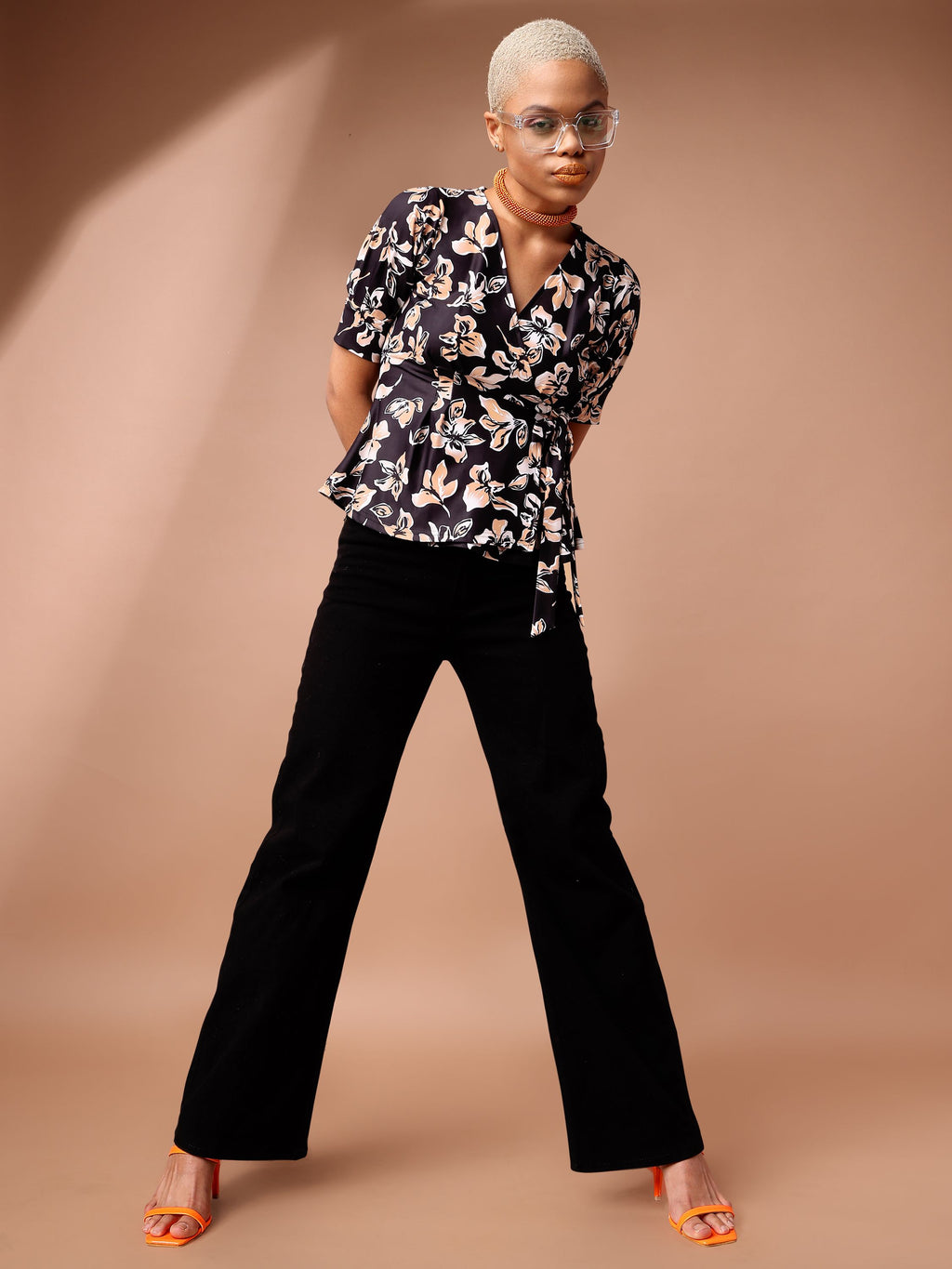 Wrap Style Floral Black Top