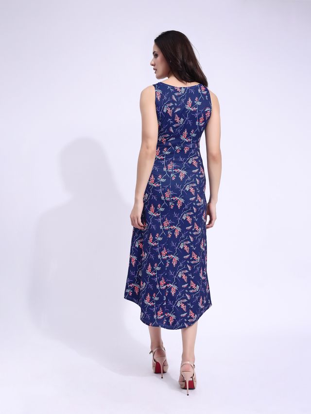 Women's Blue Printed Midi  Sleeveless Dress