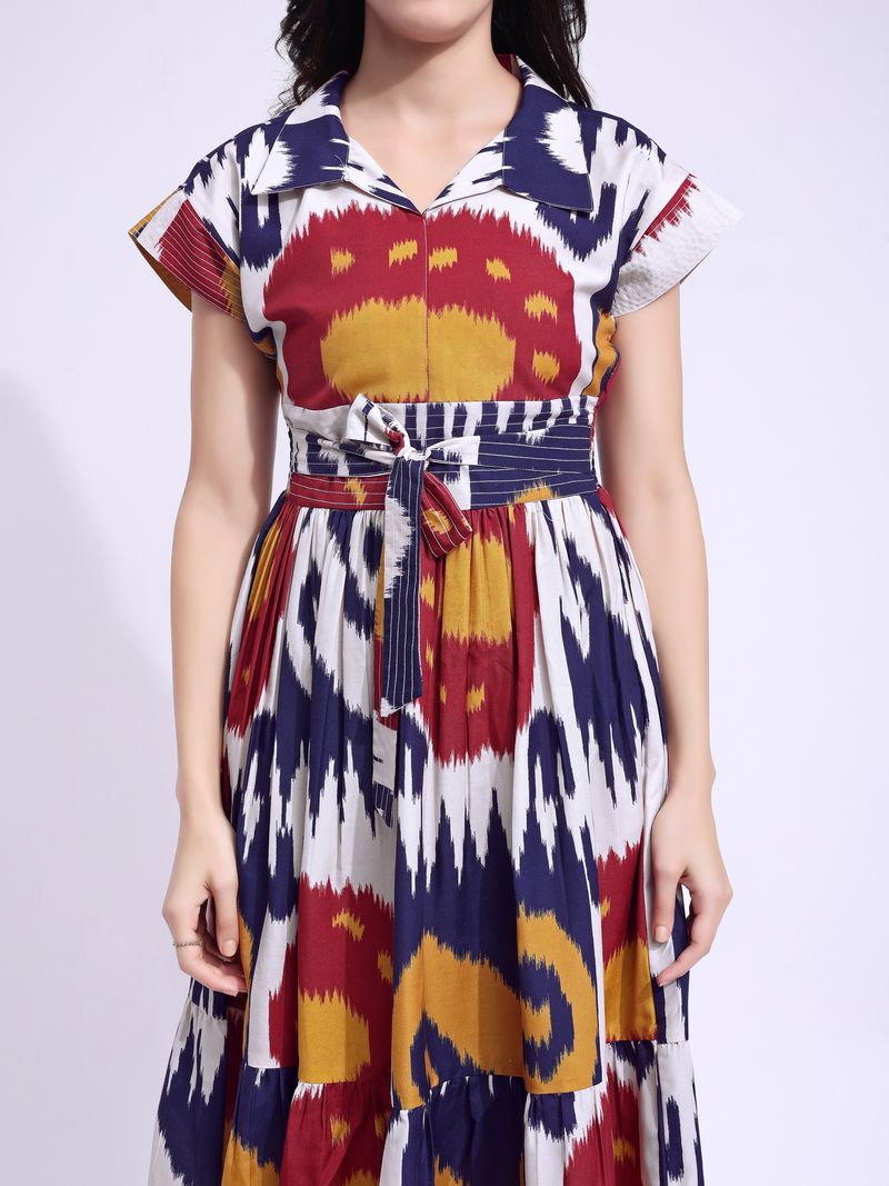 Women's Beige Fit & Flared Midi Cap Sleeve Dress