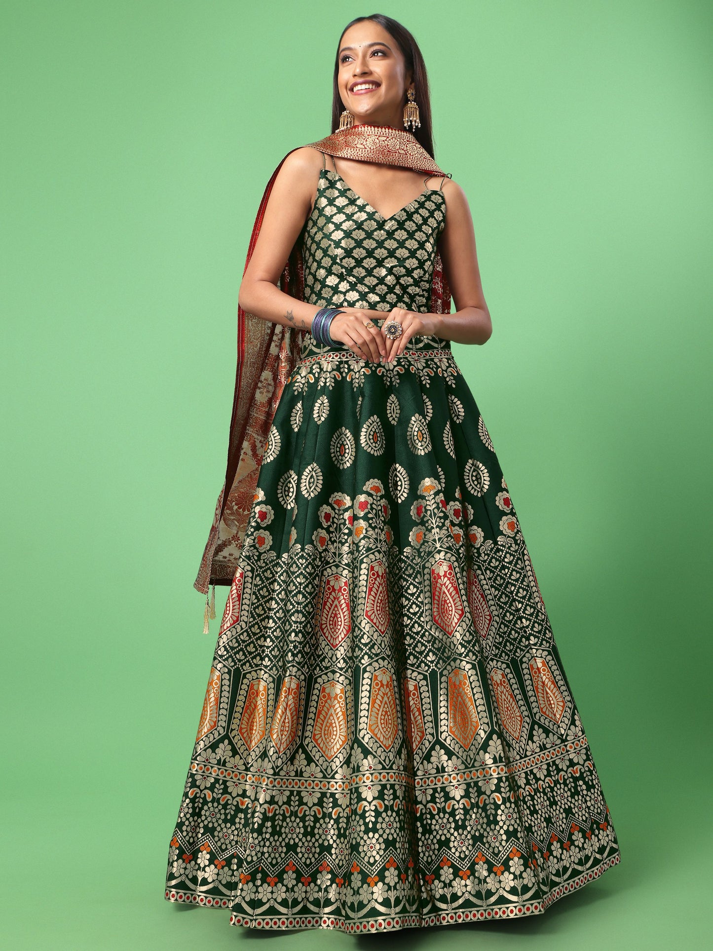 Woven Design Dark Green Semi-Stitched Lehenga Choli