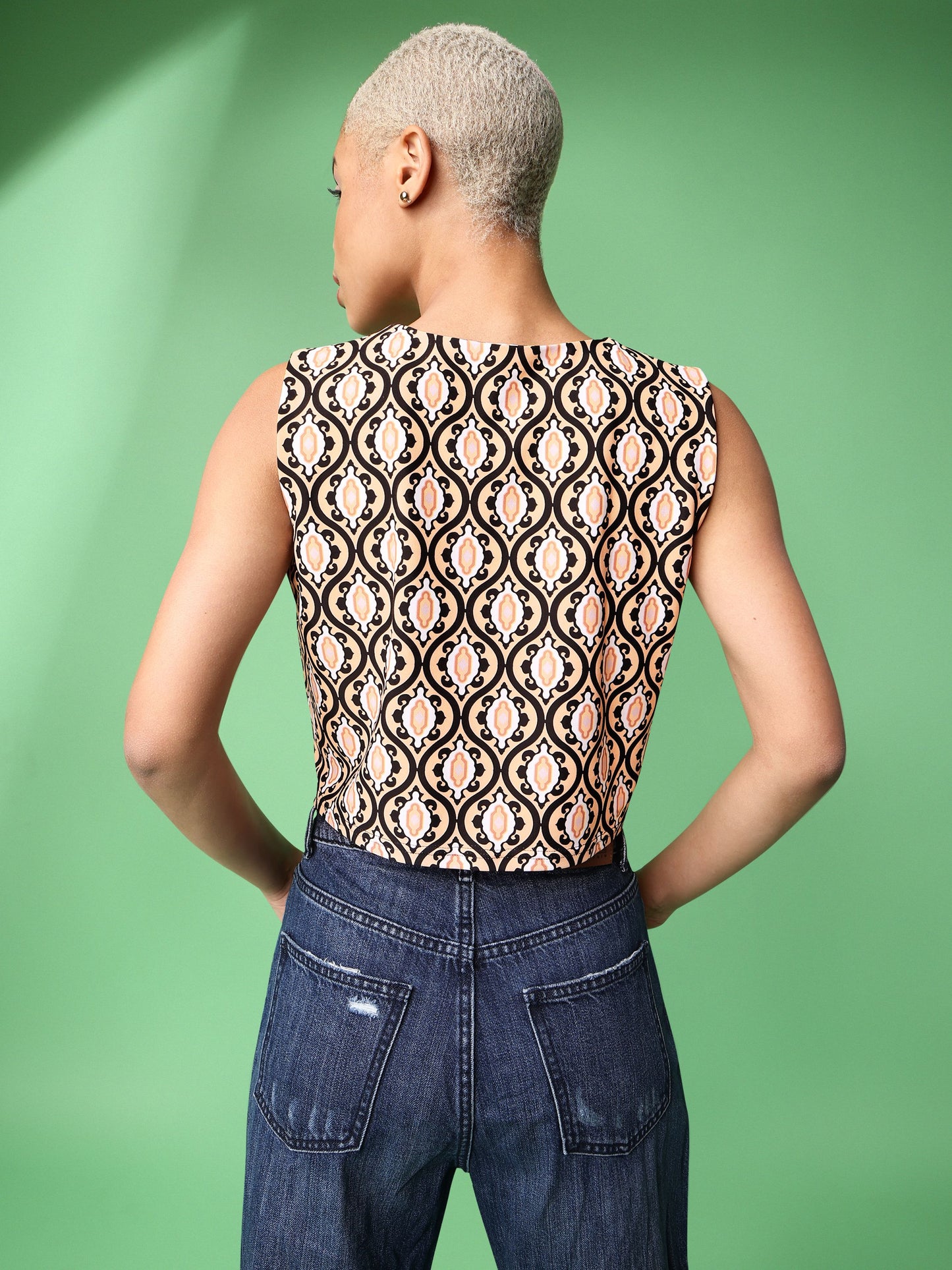 Abstract Design Light Brown Crop Top