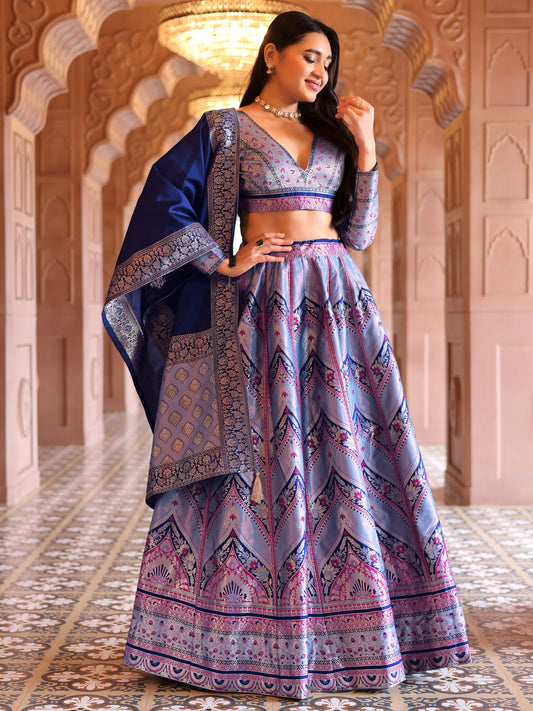 Double-Shaded Blue Lehenga Choli With Zari Woven Motifs