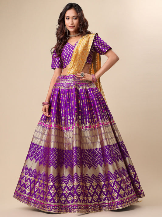 Zari Work Woven Motifs Wine Lehenga choli