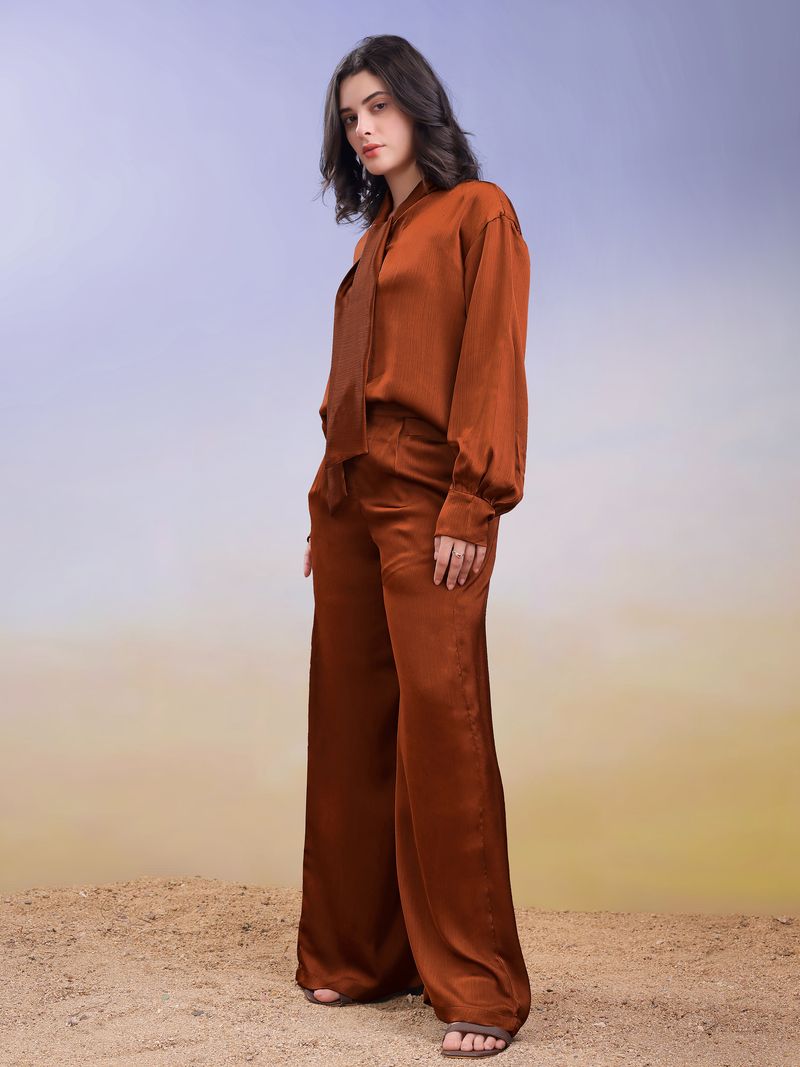 Women's Brown Solid Silk Blend Tie-Up Stylized Co-Ords