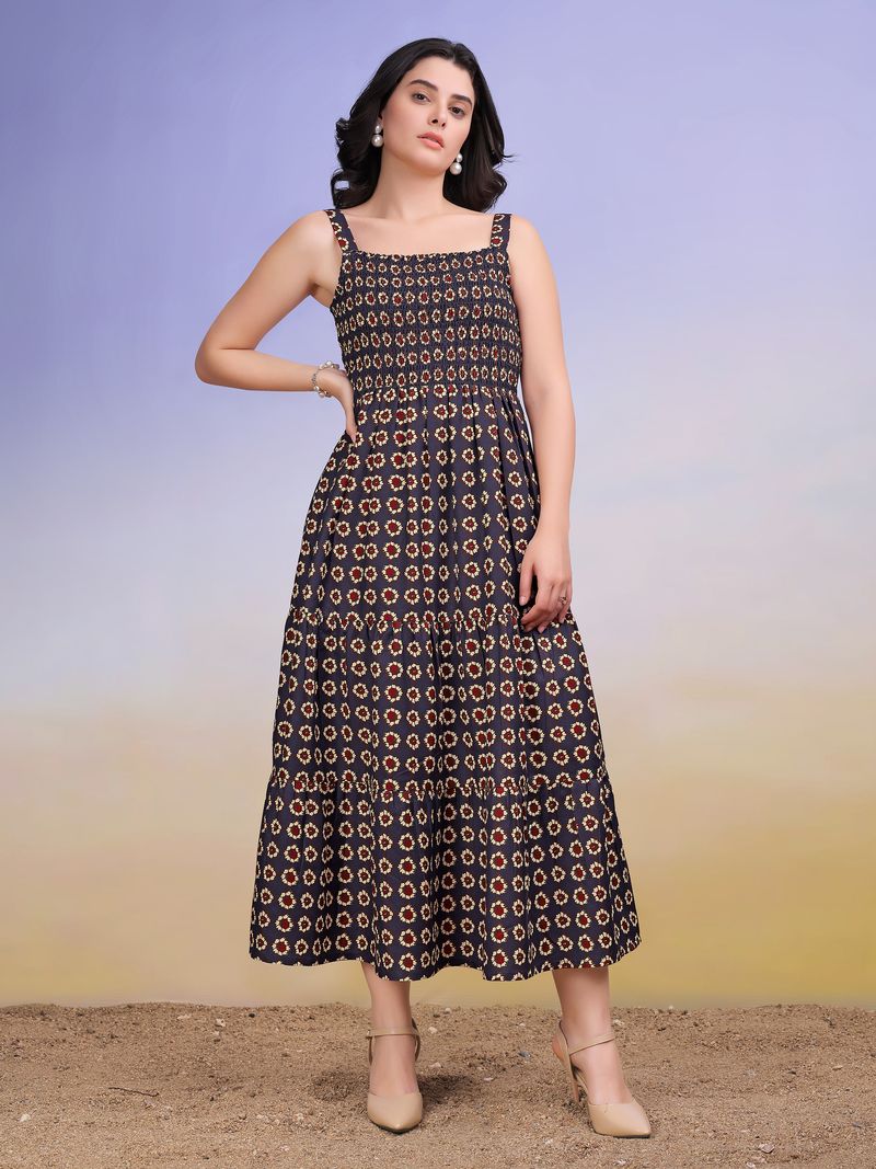 Women's Navy Blue Printed Sleeveless Maxi  Dress