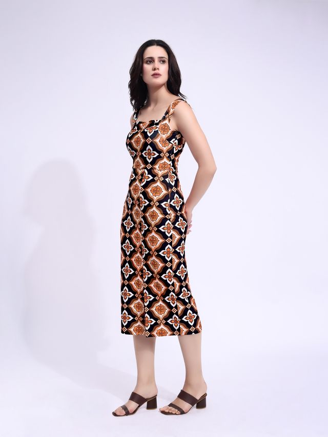 Women's Black Printed Midi Sleeveless Dress