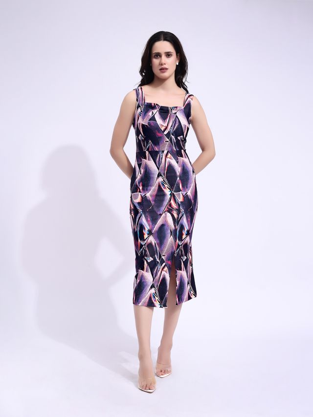 Women's Purple Printed Midi Sleeveless Dress
