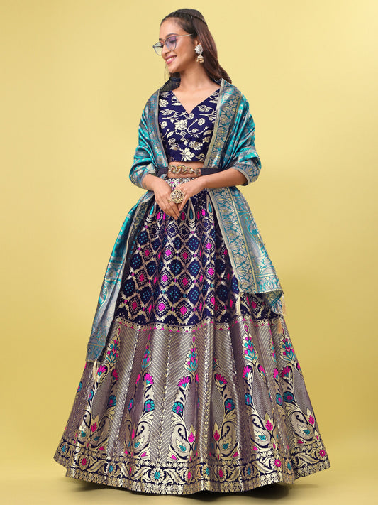 Women Blue Jacquard Lehenga