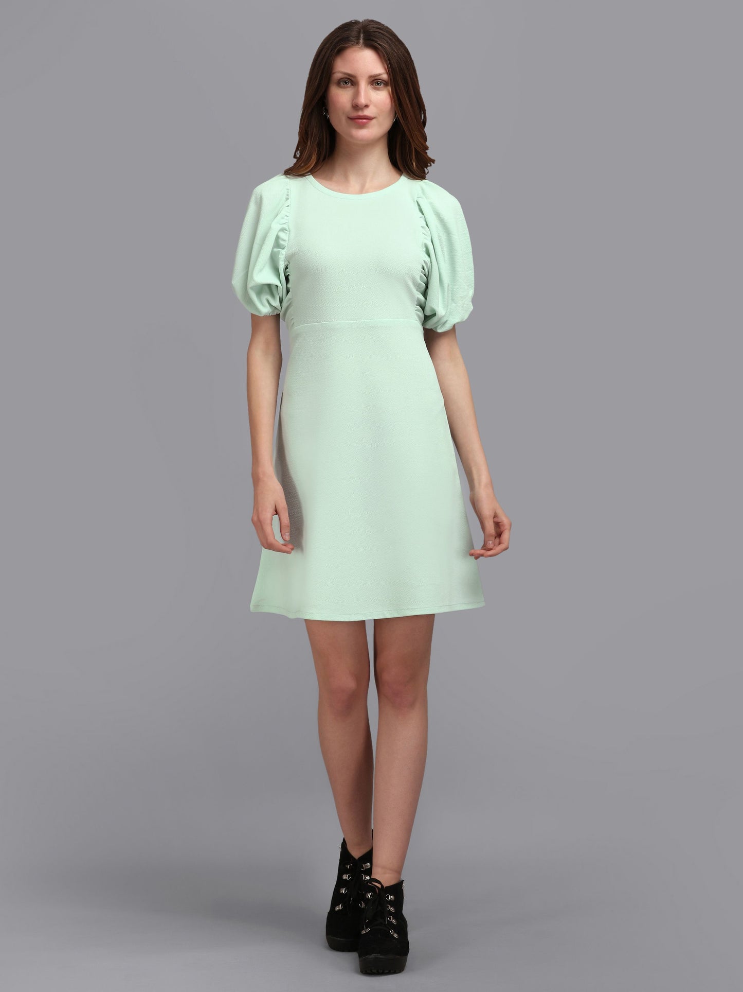 Tea Green Round neck  Puff Sleeve Bodycon Dress