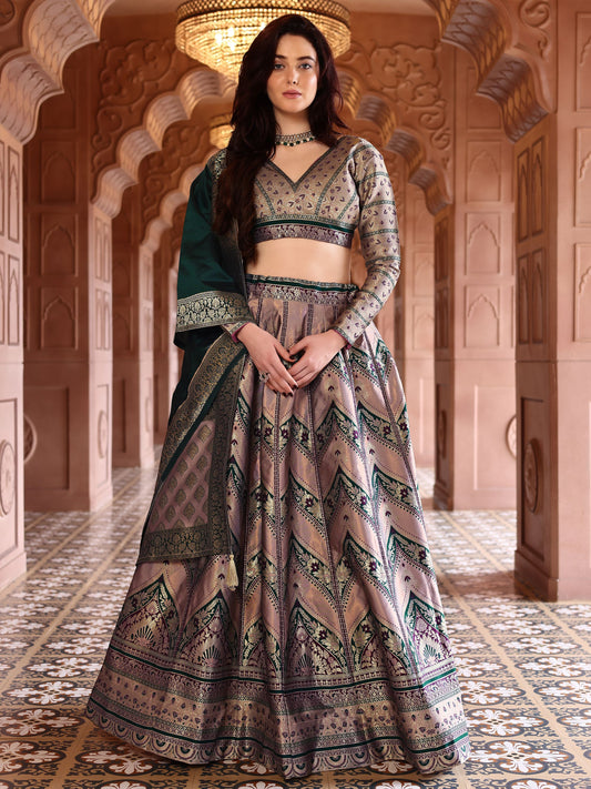 Double-Shaded Rose Lehenga Choli With Zari Woven Motifs