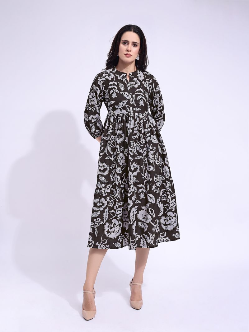Women's Brown Fit & Flared Midi Puff Sleeve Dress