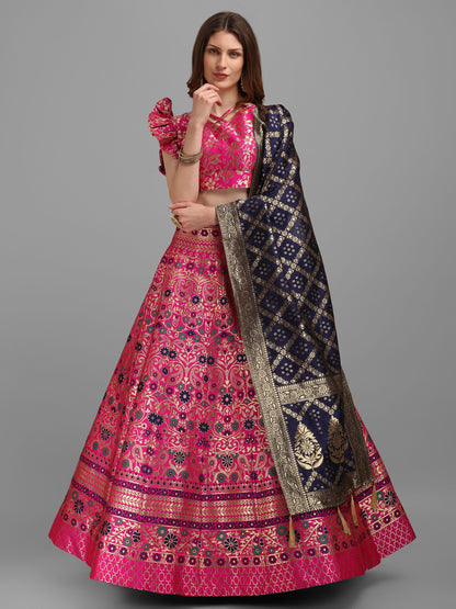 Women Pink Self Design Lehenga