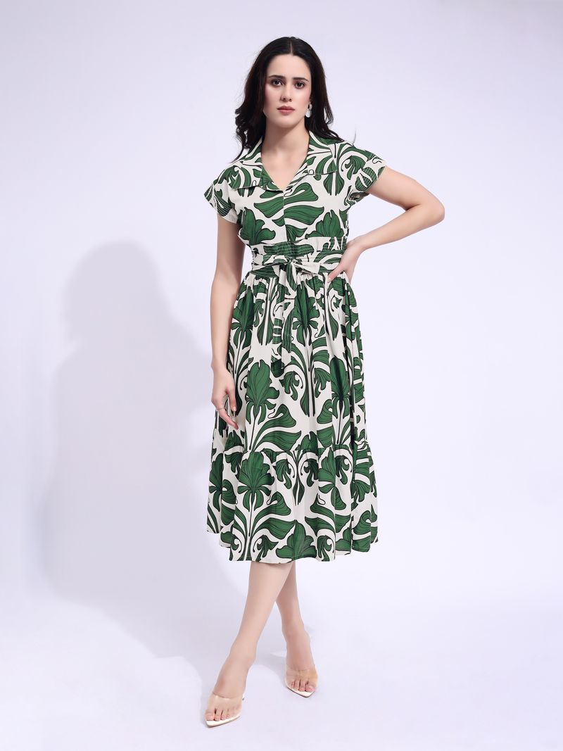 Women's Green Fit & Flared Midi Cap Sleeve Dress