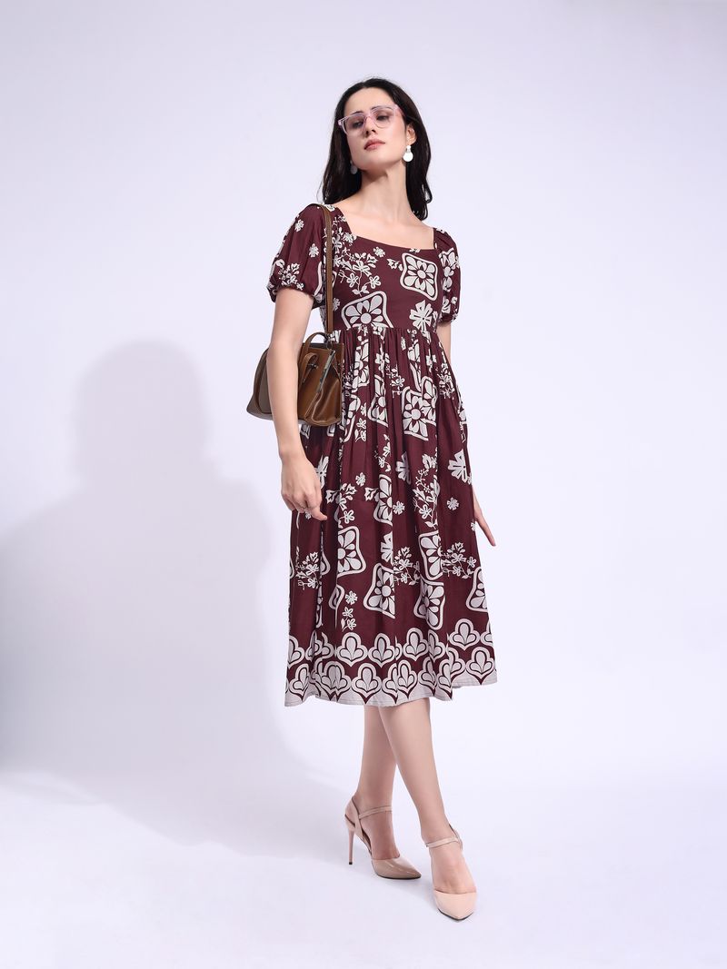 Women's Maroon Midi Short Sleeve Dress
