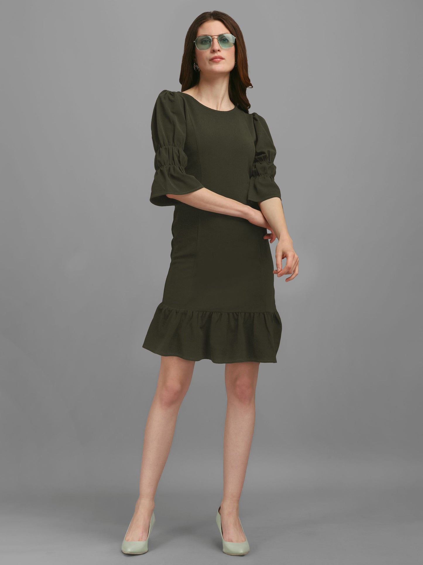 Dark-Olive  Puff Sleeve Bodycon Dress