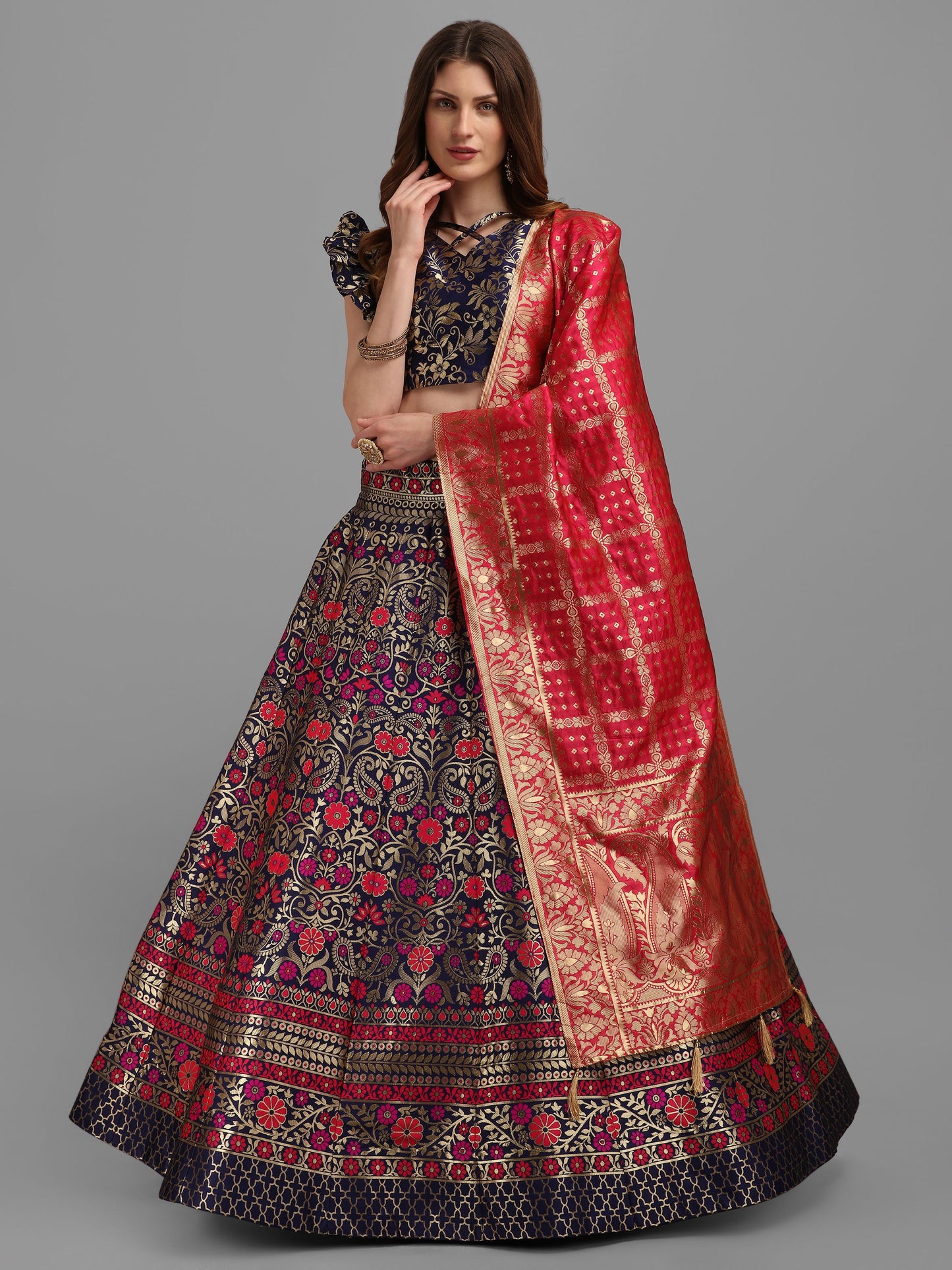 Women Blue Self Design Lehenga