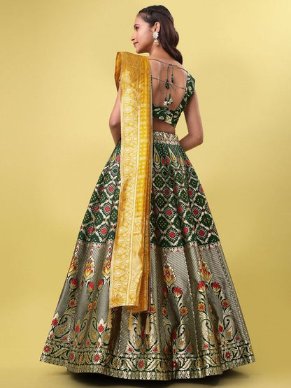 Women Green Jacquard Lehenga