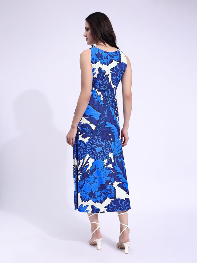 Women's Blue Printed Maxii Sleeveless Dress