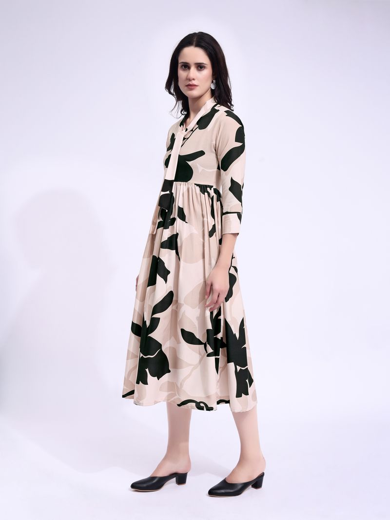 Women's Beige Fit & Flared Midi Regular Sleevee Dress