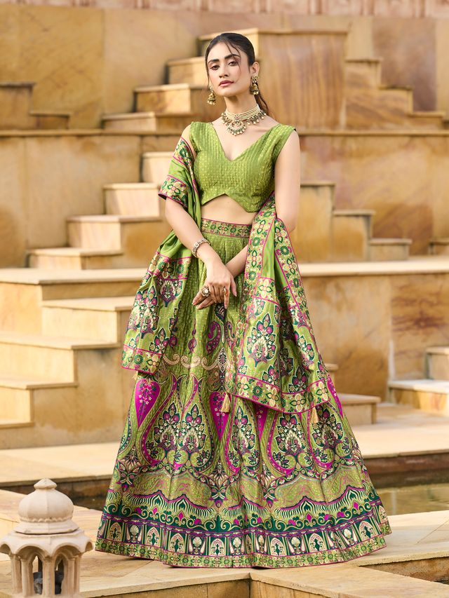 Women's Mehndi Jacquard Crape Lehengas