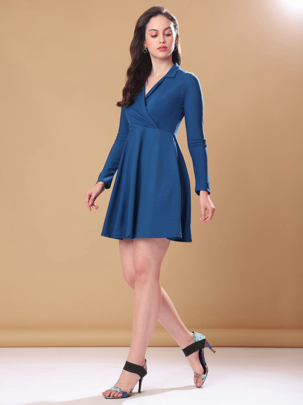 Women's Full Sleeve Fit & Flared Teal Dress