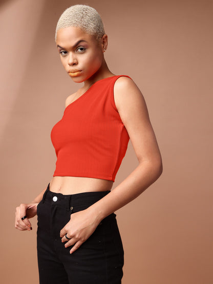 Women Orange One Shoulder Top