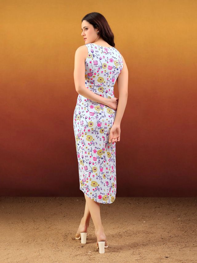 Women's White Printed Midi  Sleeveless Dress