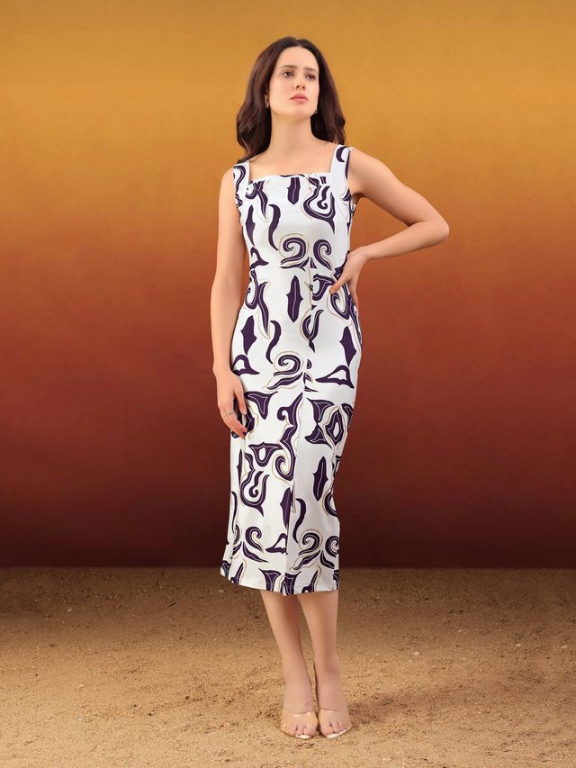 Women's Off White Printed Midi Sleeveless Dress