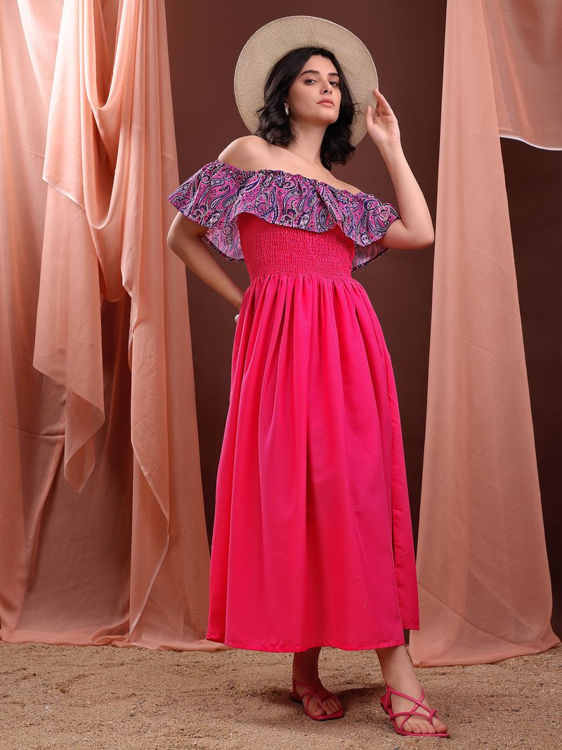 Women's Pink Solid Off Shoulder Sleeveless Dress