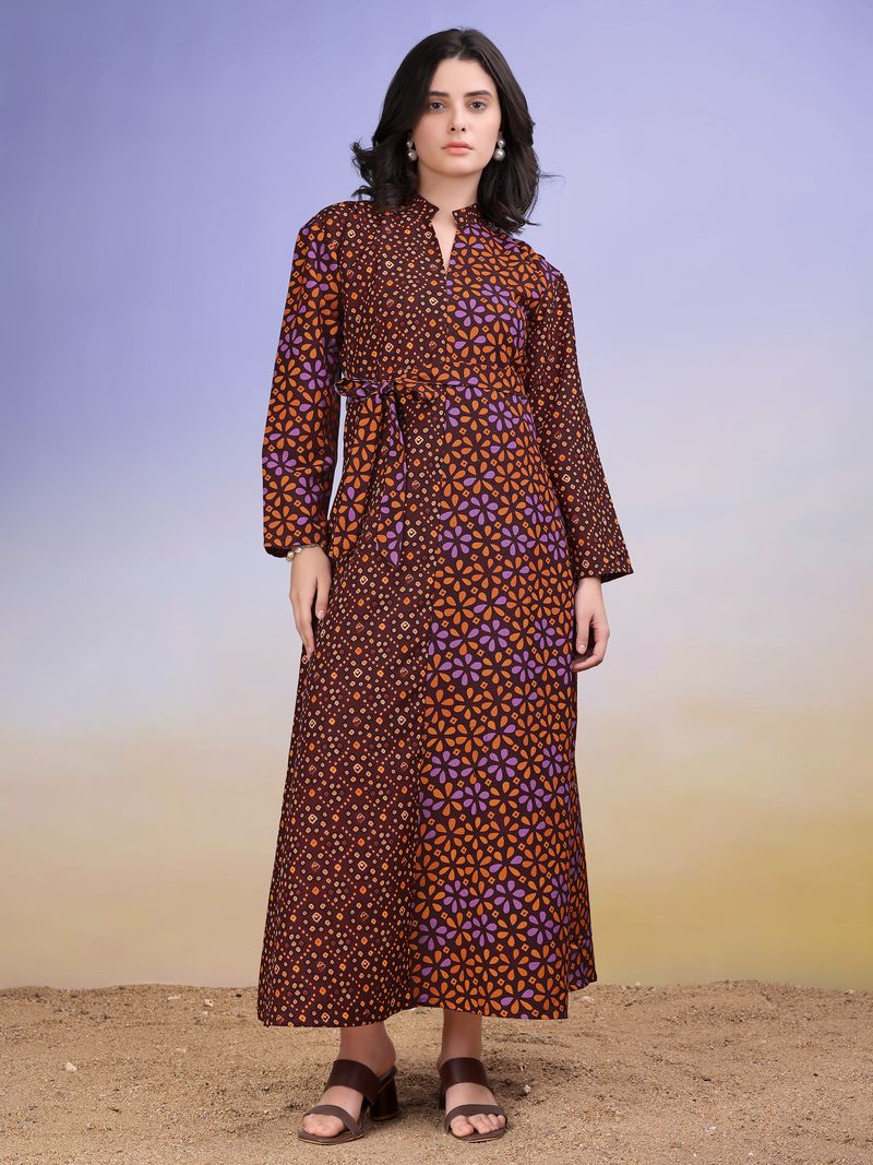 Women's Brown A-Line Bell Sleeve Cotton Blend Dress