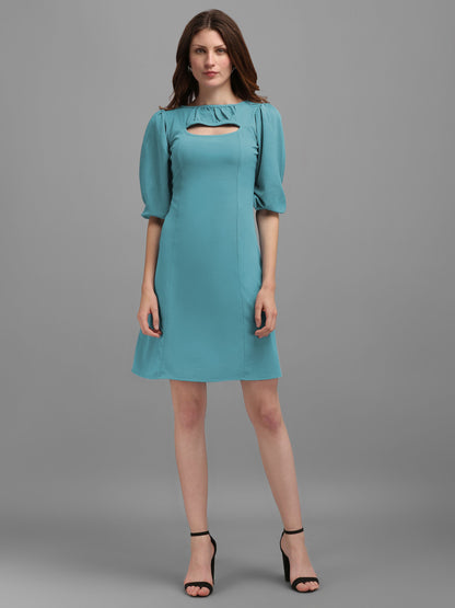 Turquoise-Blue Round Neck Bodycon Dress