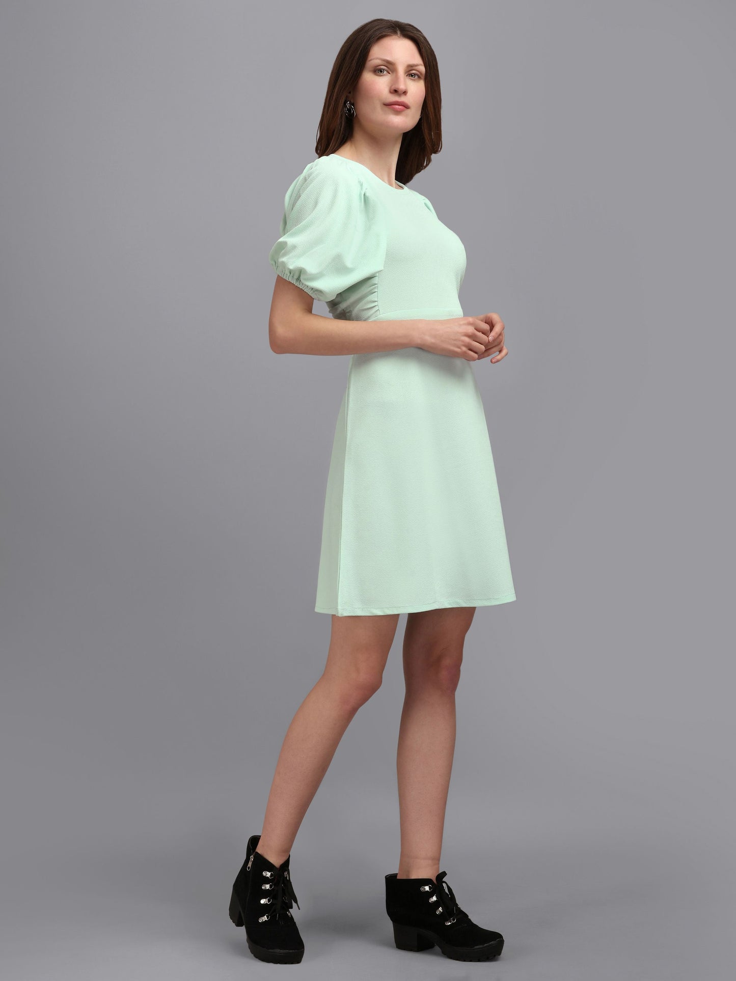 Tea Green Round neck  Puff Sleeve Bodycon Dress