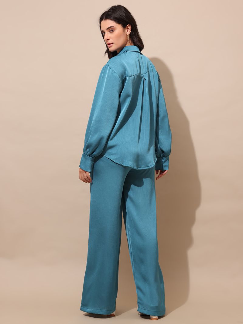 Women's Blue Solid Silk Blend Tie-Up Stylized Co-Ords