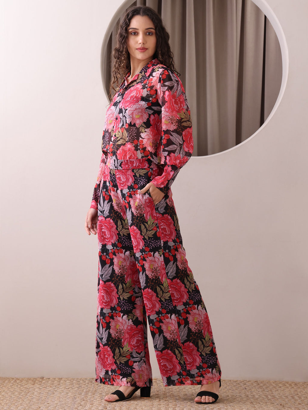 Women's Red Full Sleeve Collar Neck Shirt Top & Trousers Sets