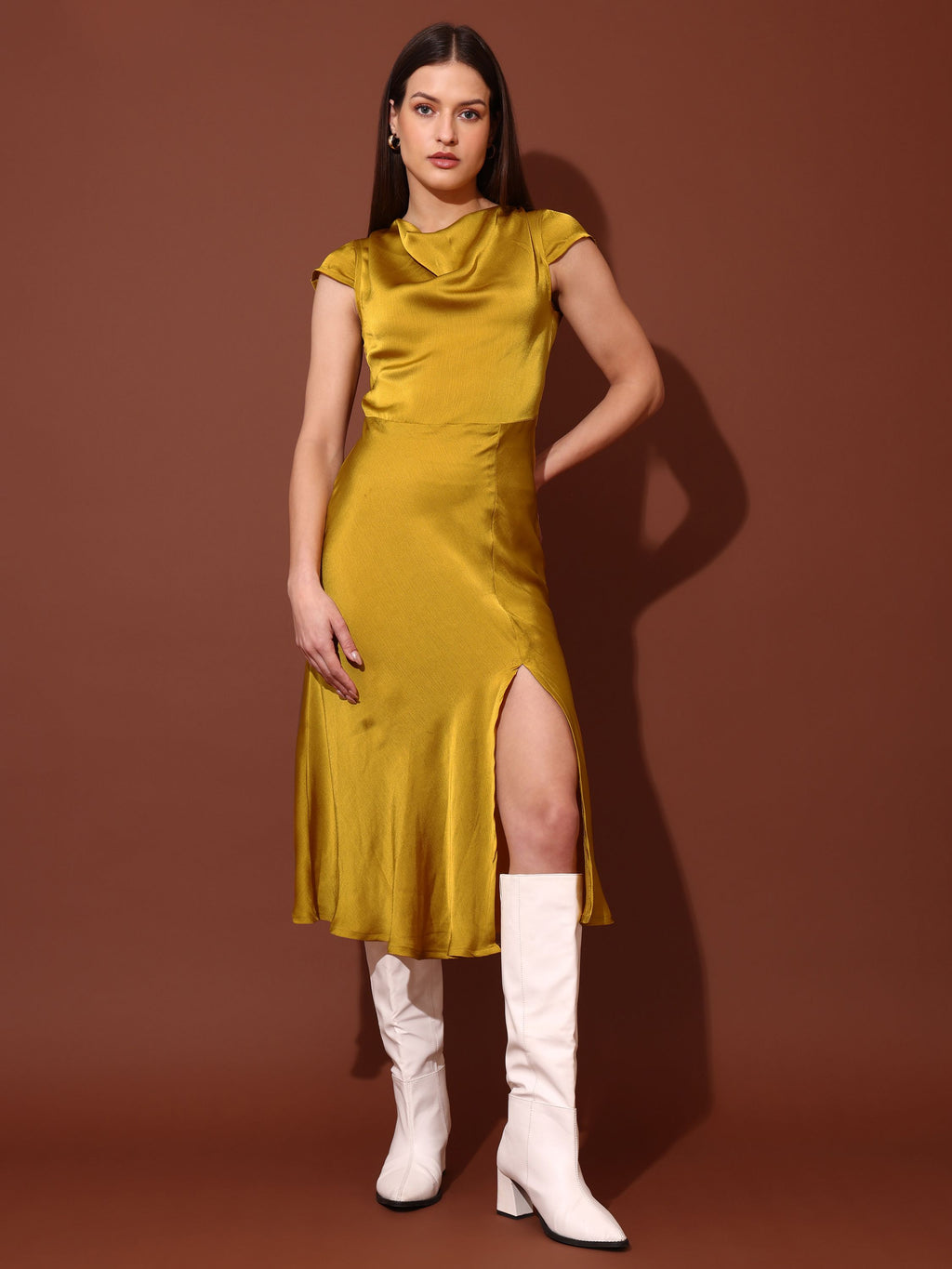 Women Fit & Flared Black Mustard Dress