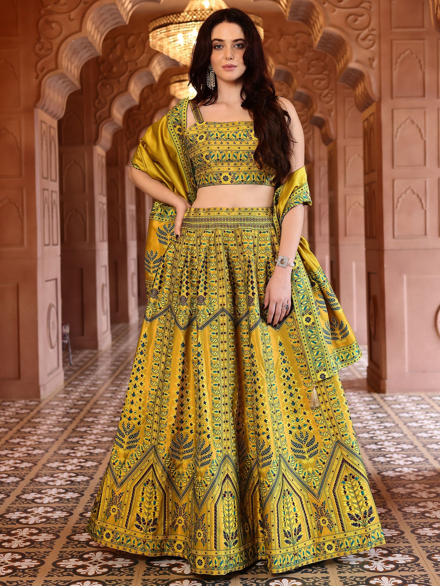 Kanjivaram Lehenga Choli Lime Woven Motifs