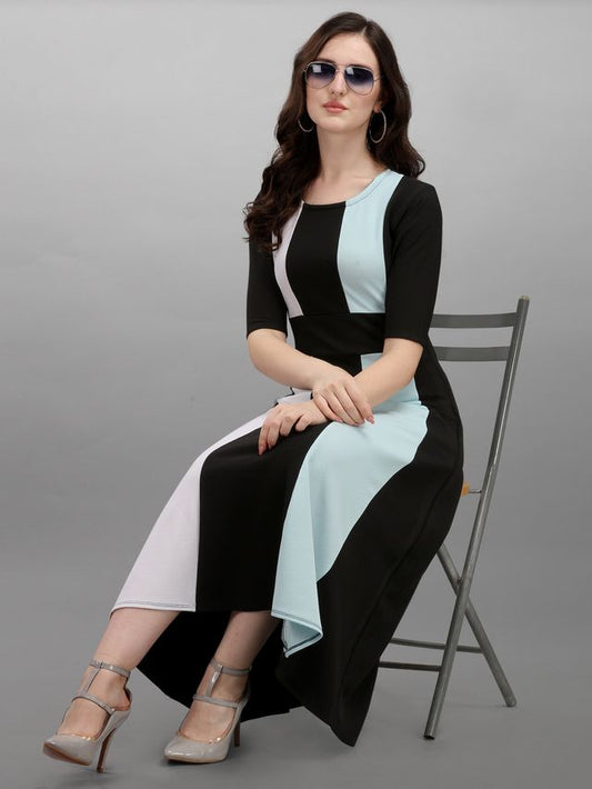 Women Sky Blue & Black Fit & Flare dress