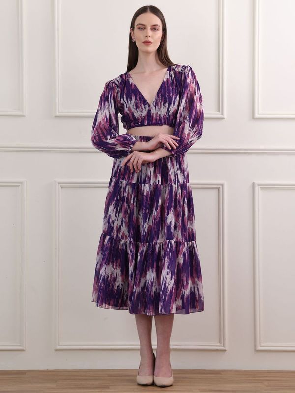 Women's Purple Stylish Puff Sleeve Top & Skirt Sets