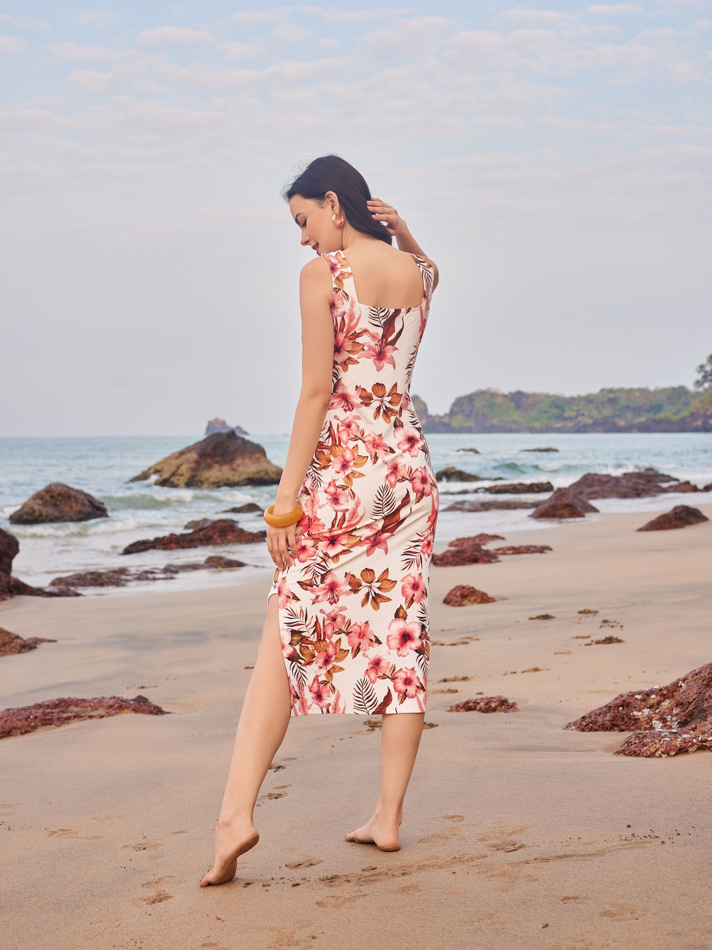 Flower Print  White Bodycon Dress