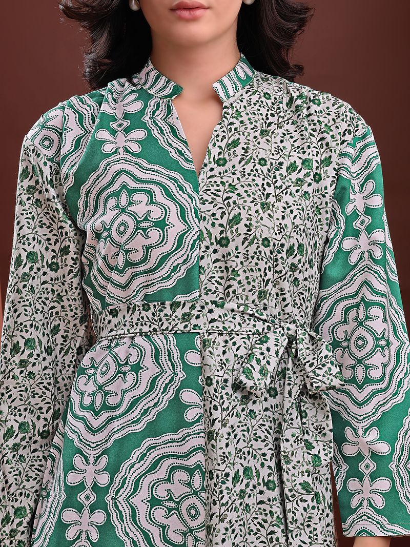 Women's Green A-Line Bell Sleeve Cotton Blend Dress