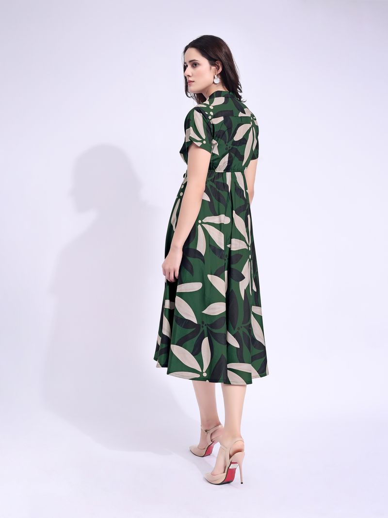 Women's Green Fit & Flared Stylish Sleeve Dress