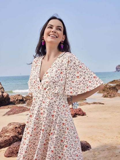 Beige V Neck Fit and Flare dress