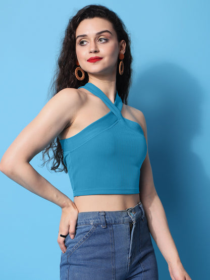 Women Blue Halter Neck Crop Top