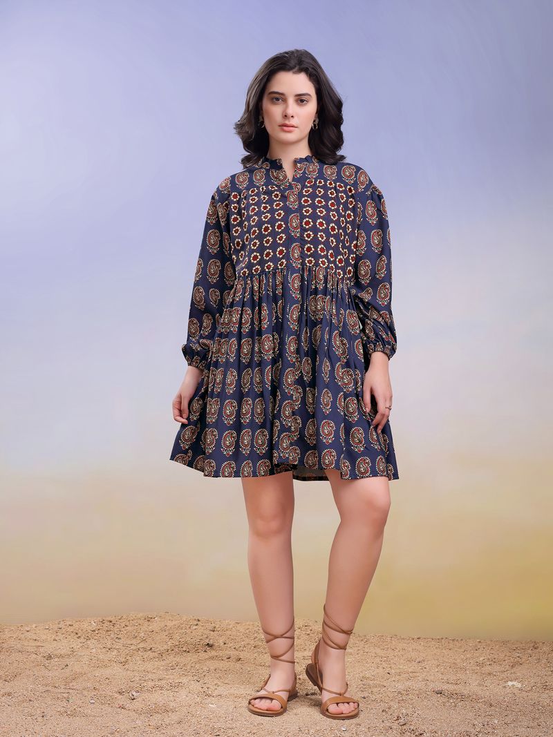 Women's Printed Fit and Flare Stand Collar Blue Dress