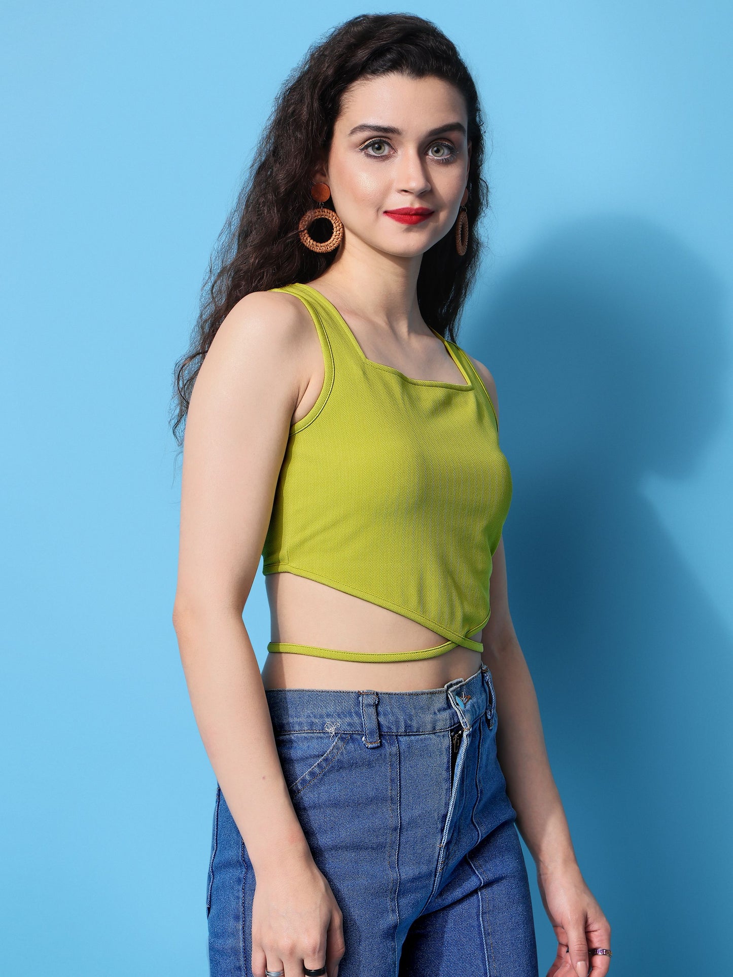 Women Green Waist Tie-Up Top