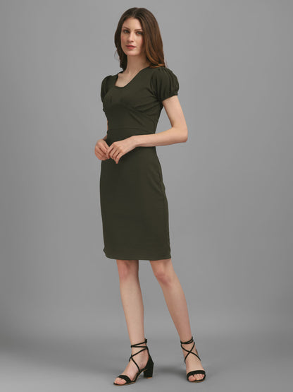 Asymmetrical Neck Dark Olive Bodycon Dress