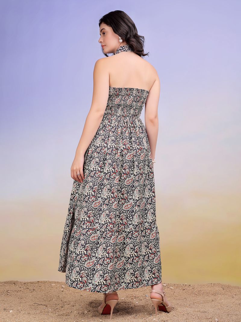 Women's Printed Fit and Flare Maxi Black Dress