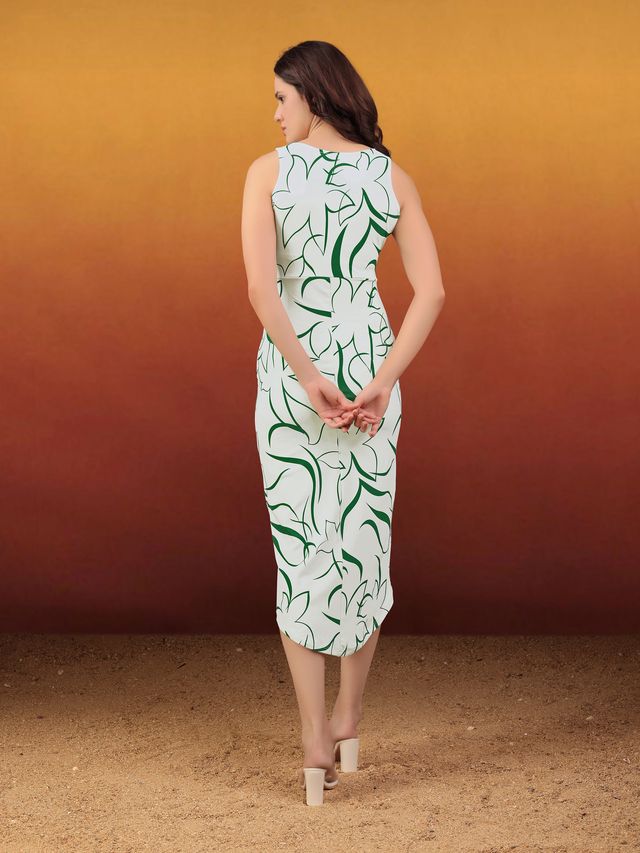 Women's Green Printed Midi  Sleeveless Dress